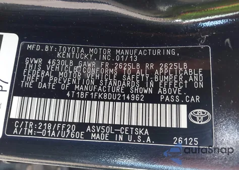 2013 Toyota Camry Se из США, поврежденный, VIN 4T1BF1FK8DU214962